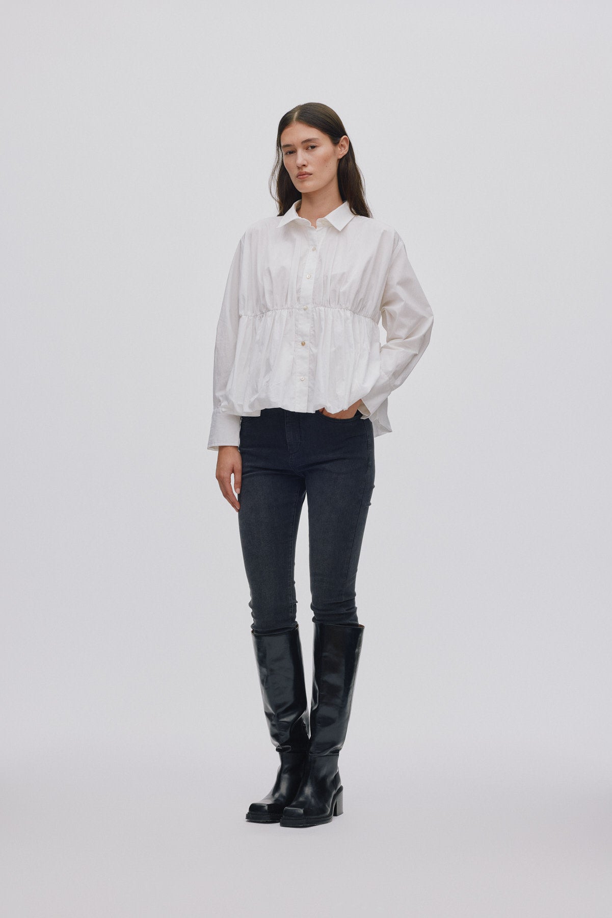 Sophie - Poplin puffed hem shirt I White 1 - Rabens Saloner