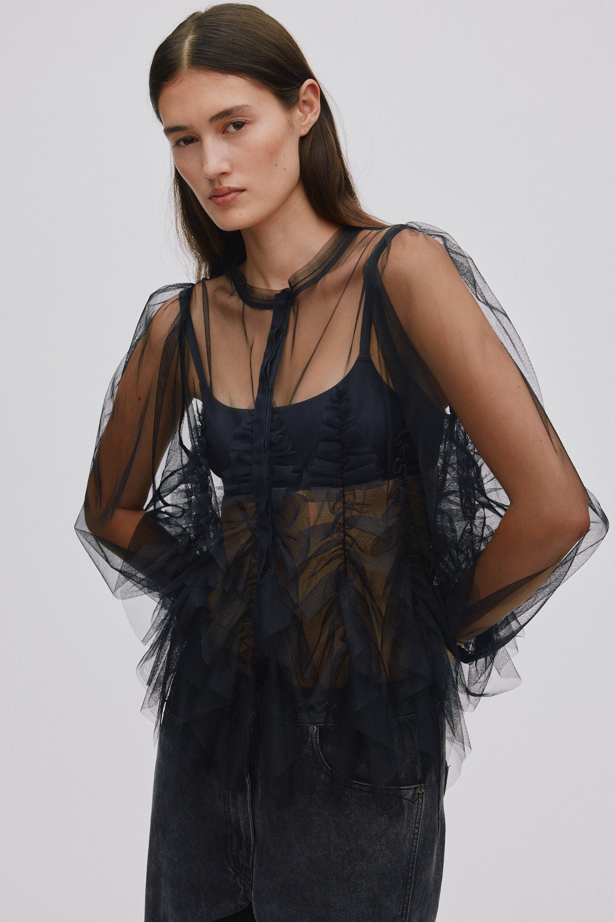 Frilly tulle shirt - Gida I Black 4 - Rabens Saloner