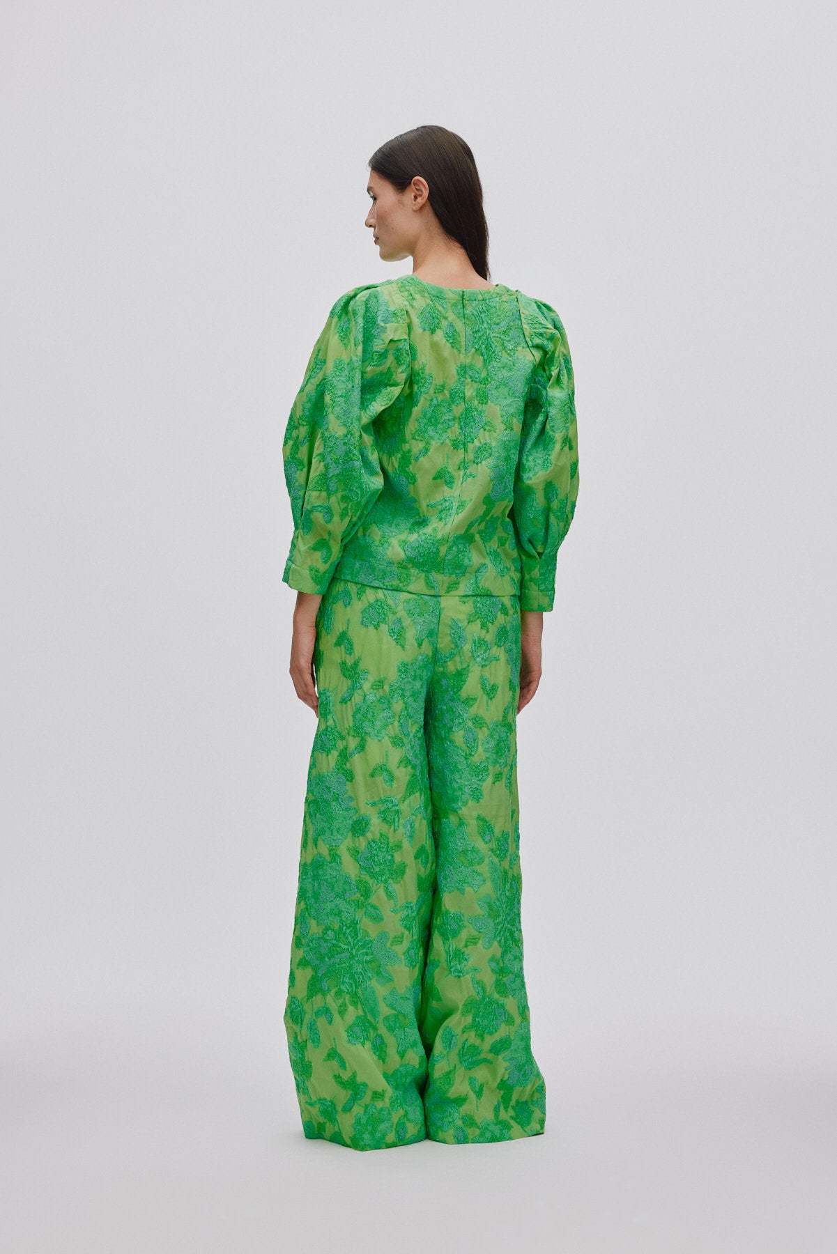 Cass - Clipped jacquard wide leg pants I Viper green 3 - Rabens Saloner