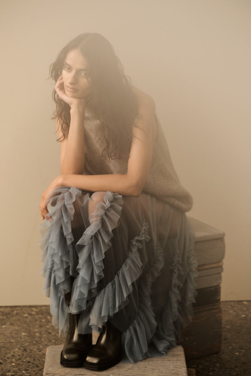 Glenda - Frilly tulle skirt I Dusty blue 5 - Rabens Saloner