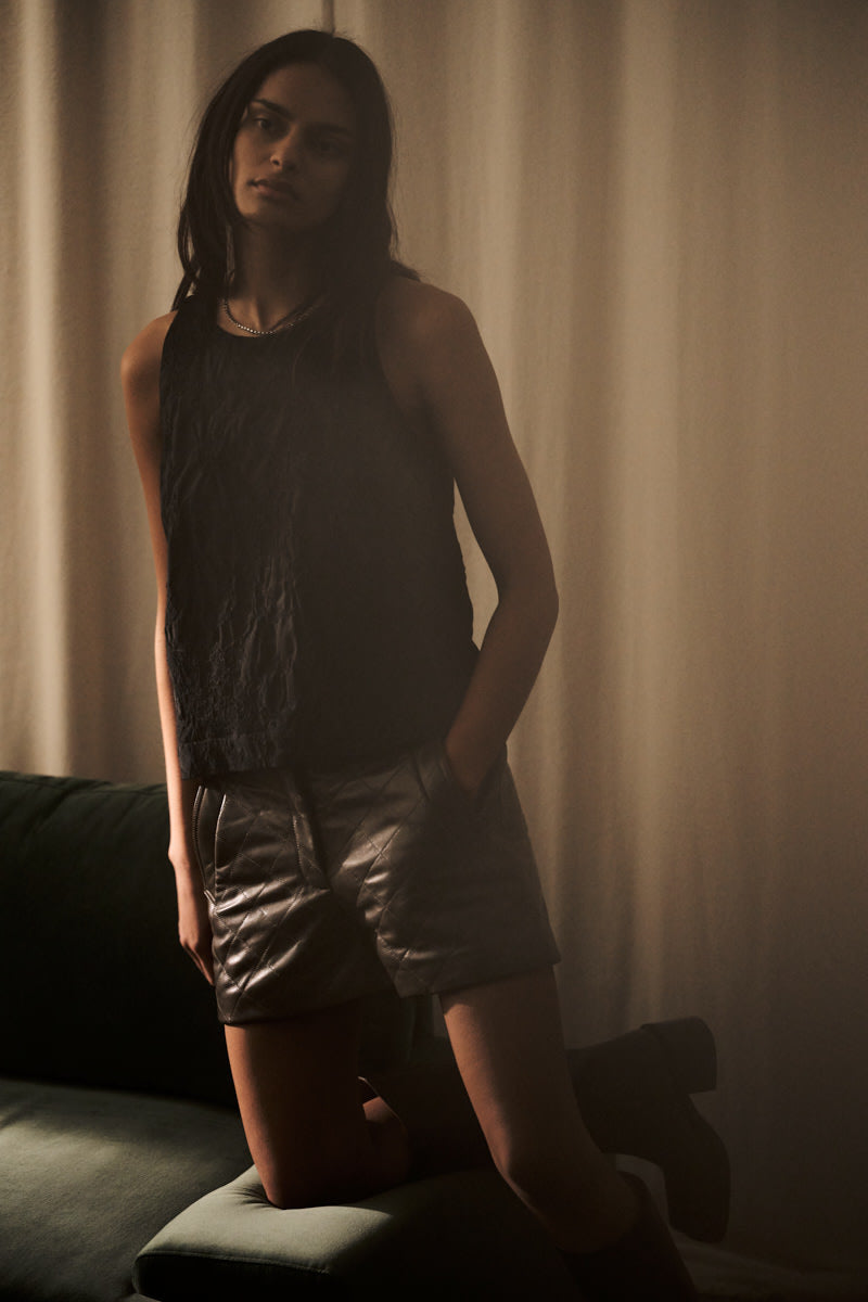 Bet - Quilted leather shorts I Olive 14 - Rabens Saloner