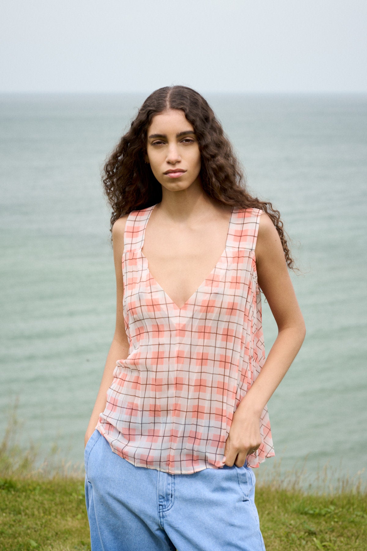 Sage - Transparent check top I Mandarin pleat 9 - Rabens Saloner