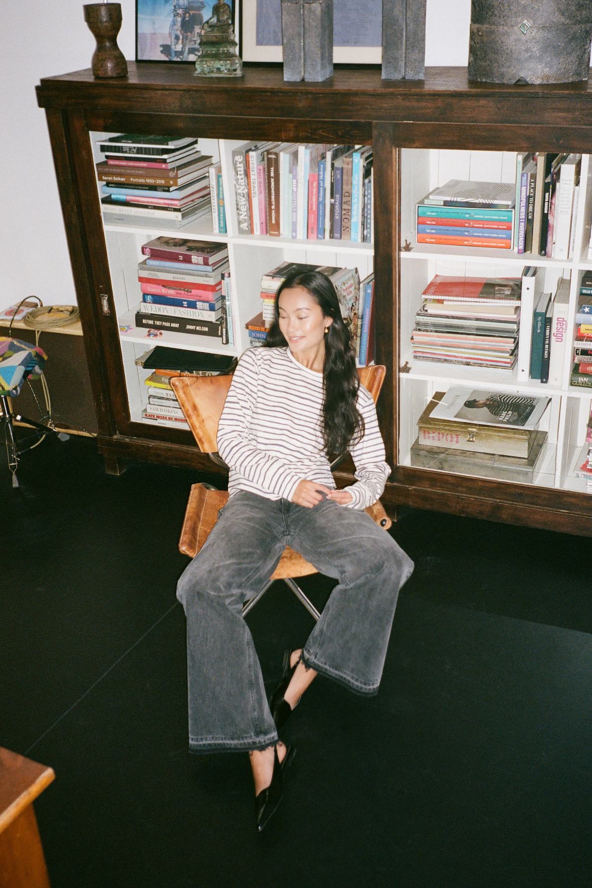 Hila - Light stretch crew neck top I Oyster navy stripe 2 - Rabens Saloner