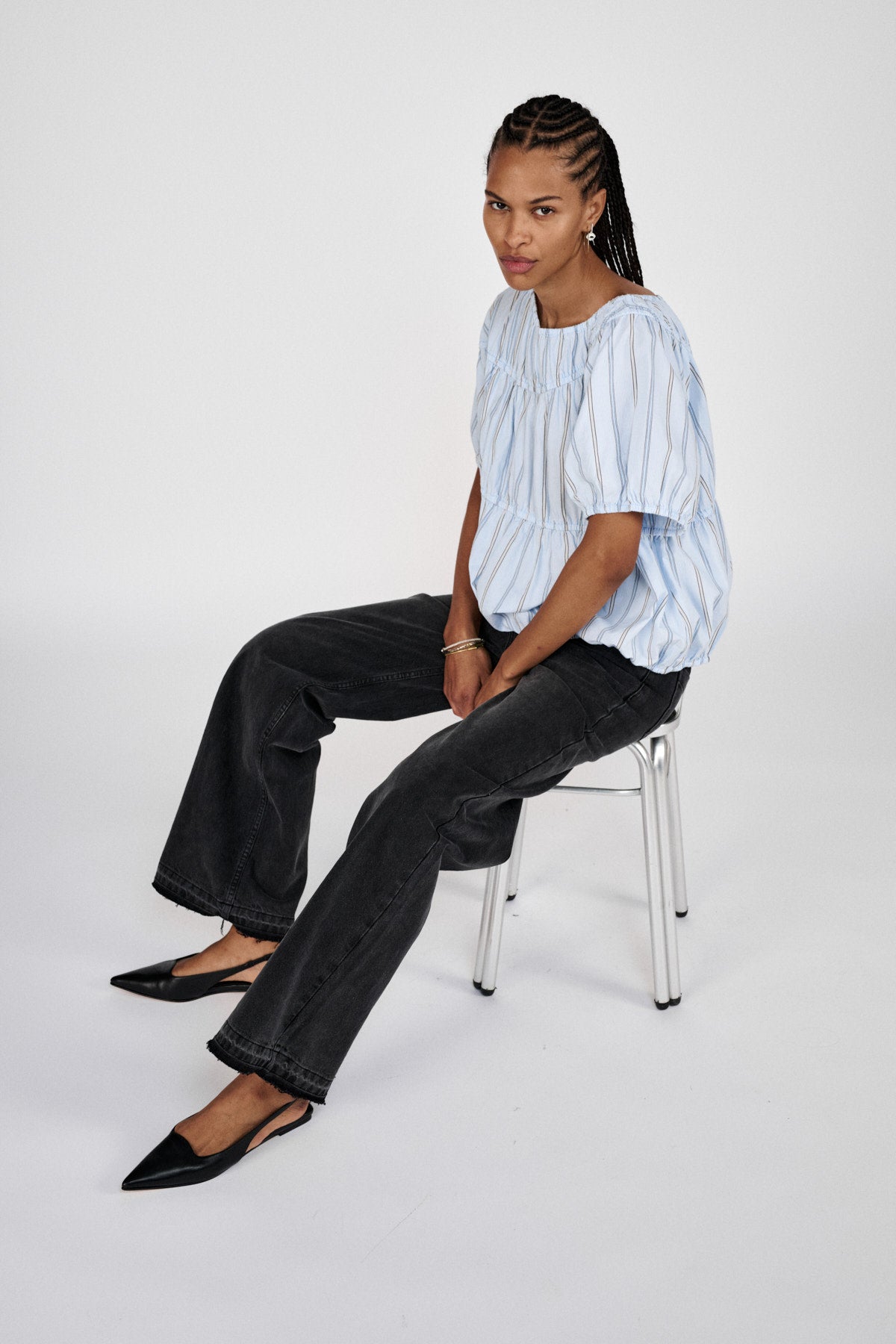 Lotte - Reverse stripe elasticated top I Blue pyjama stripe 3 - Rabens Saloner