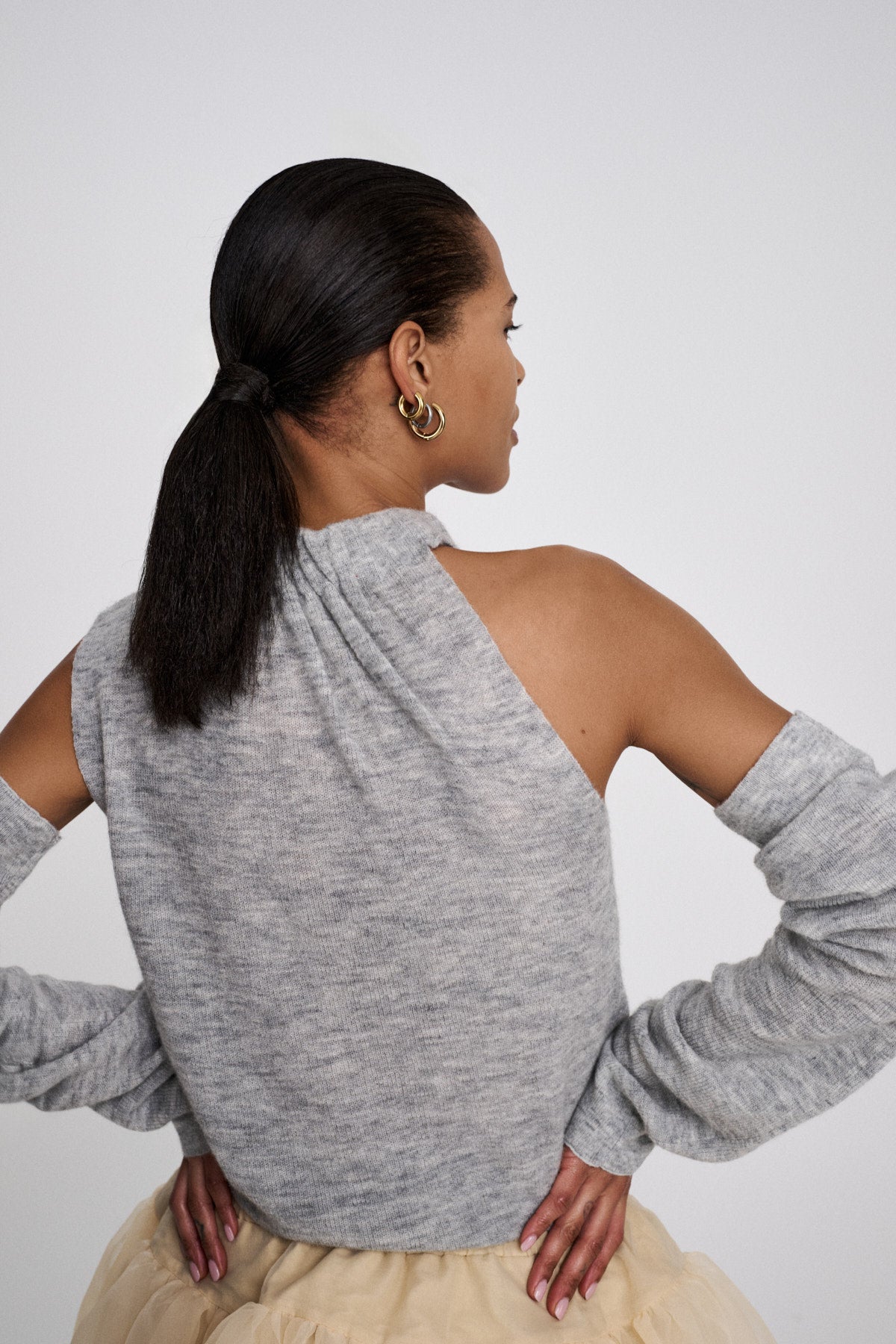 Celina - Waffled knit one shoulder top I Grey melange 2 - Rabens Saloner
