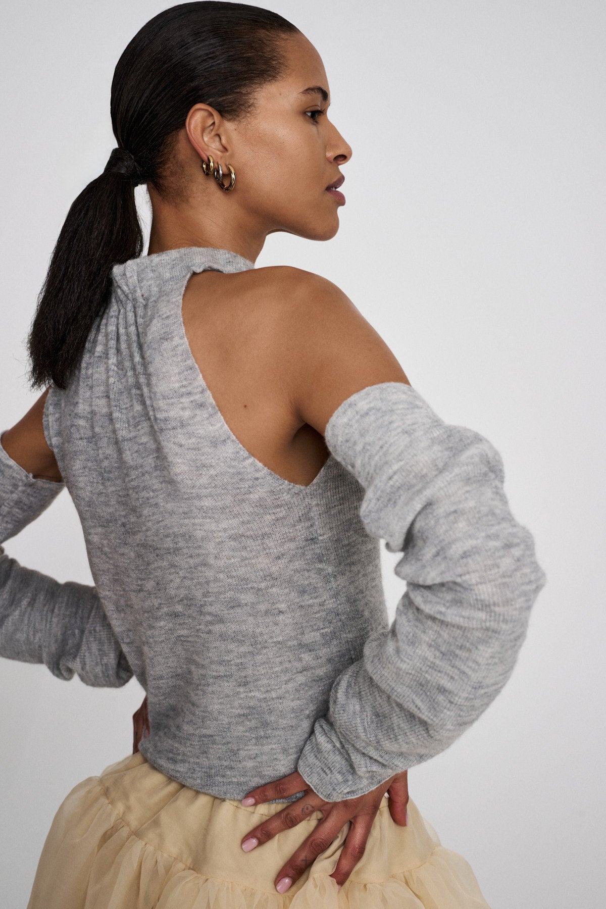 Celina - Waffled knit one shoulder top I Grey melange 3 - Rabens Saloner