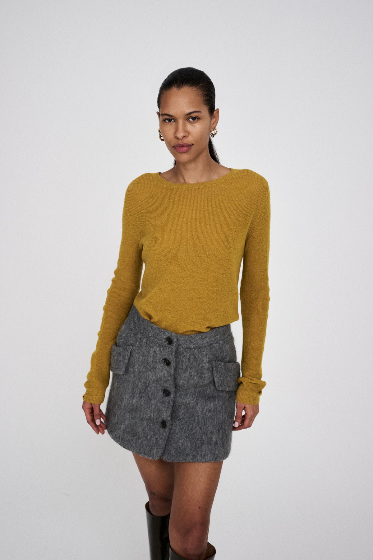 Shauna - Waffled knit long sleeve top I Mustard 1 - Rabens Saloner