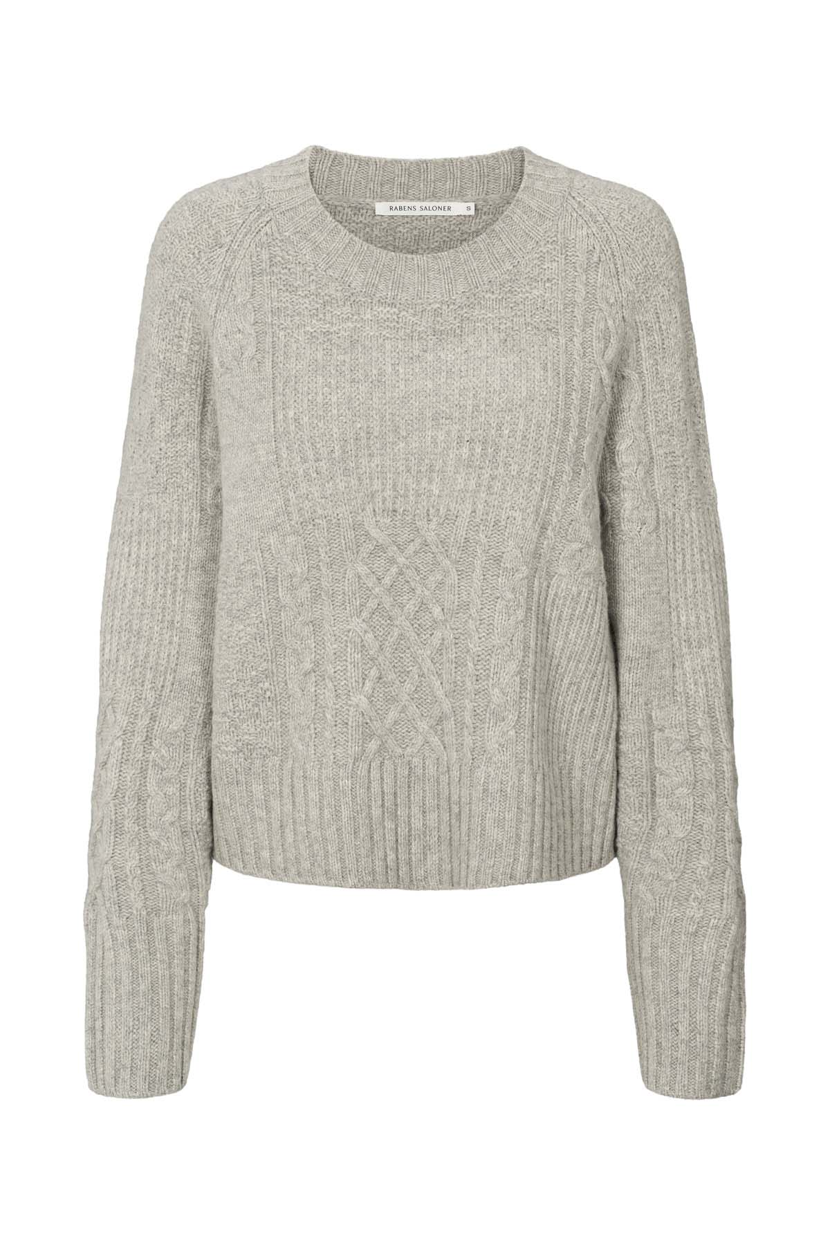Baze - Patchwork knit cropped sweater I Light grey melange 4 - Rabens Saloner