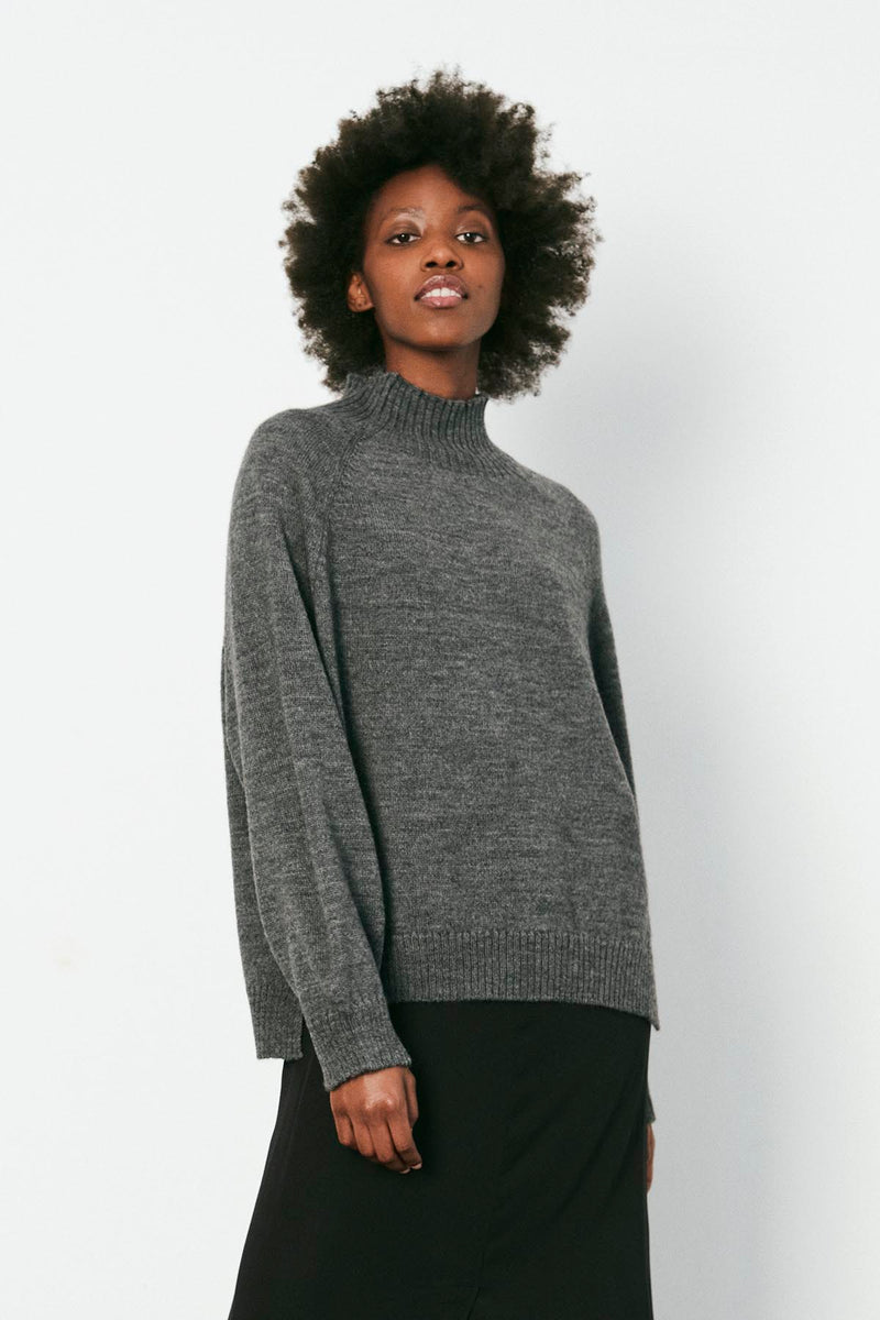 Caylin - Split knit funnel sweater I Grey melange Grey melange XS  1 - Rabens Saloner