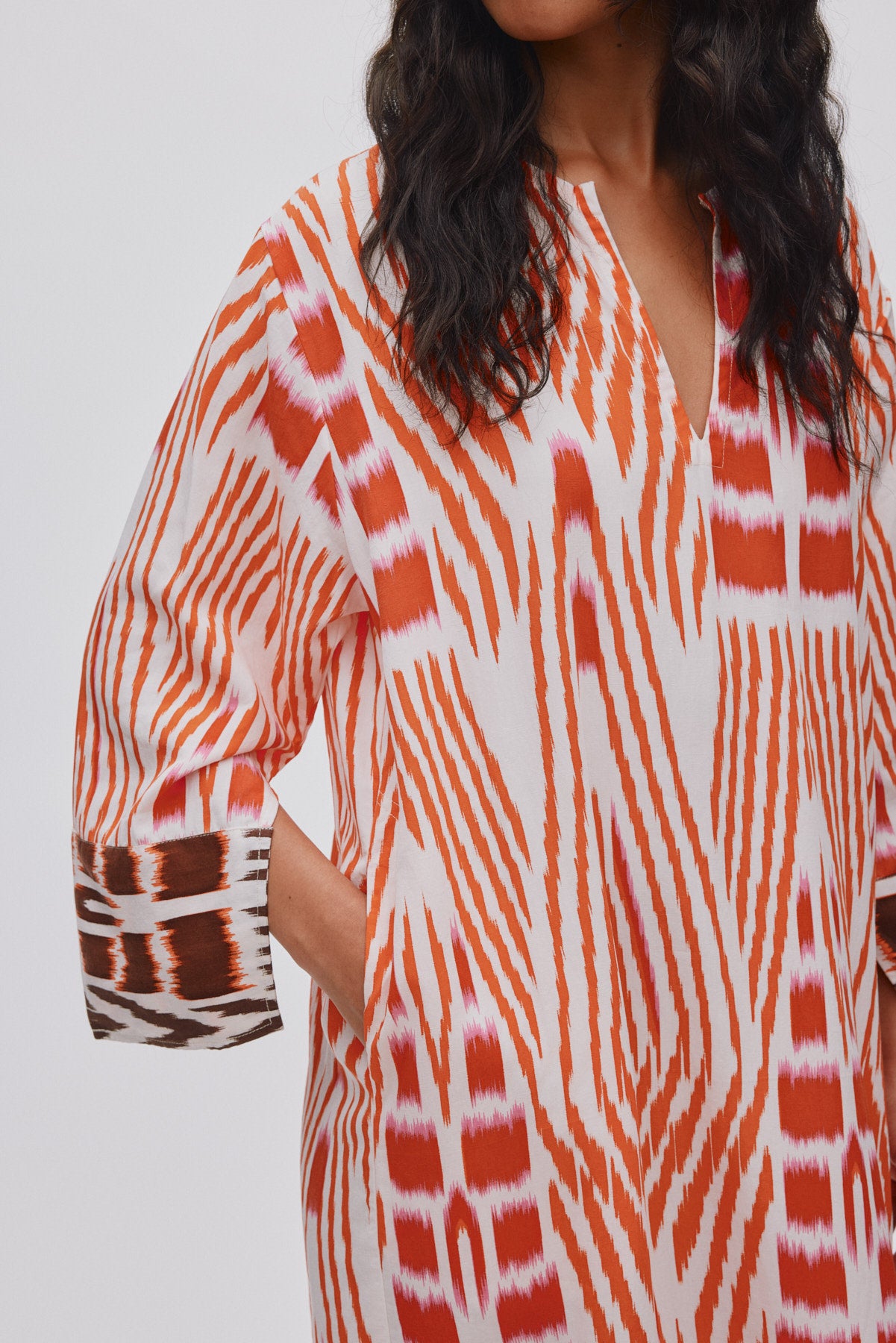 Karimalou - Ikat combo kaftan I Mandarin pink ivory & coffee combo 5 - Rabens Saloner