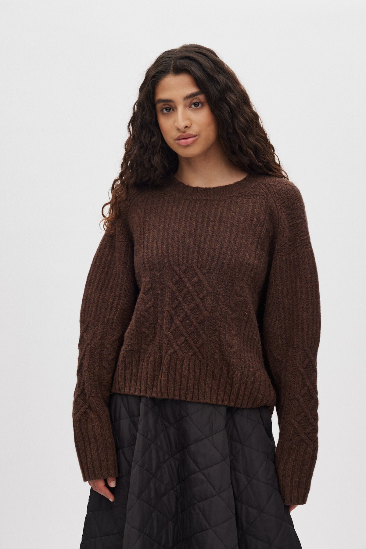 Baze - Patchwork knit cropped sweater I Brown 2 - Rabens Saloner