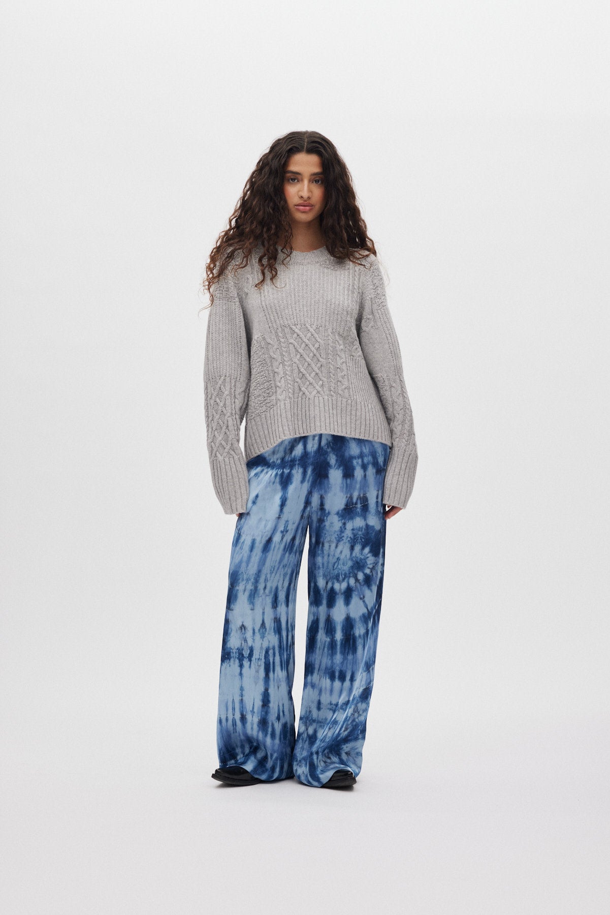 Baze - Patchwork knit cropped sweater I Light grey melange 1 - Rabens Saloner