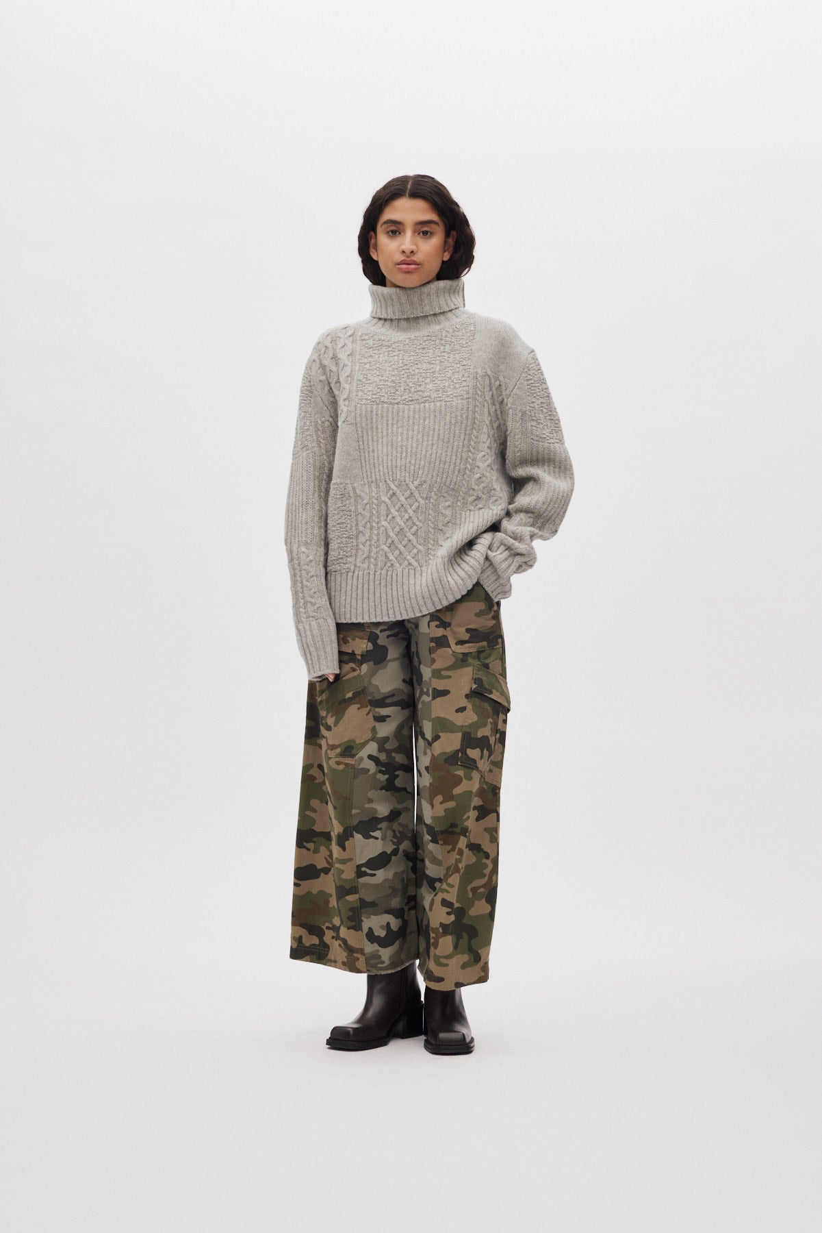 Anli - Patchwork knit sweater I Light grey melange 1 - Rabens Saloner