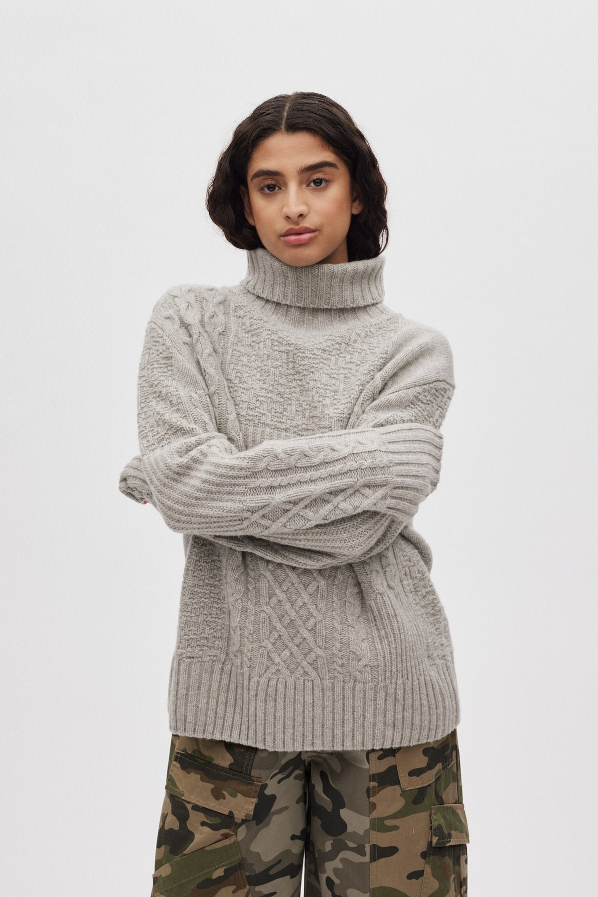 Anli - Patchwork knit sweater I Light grey melange 2 - Rabens Saloner