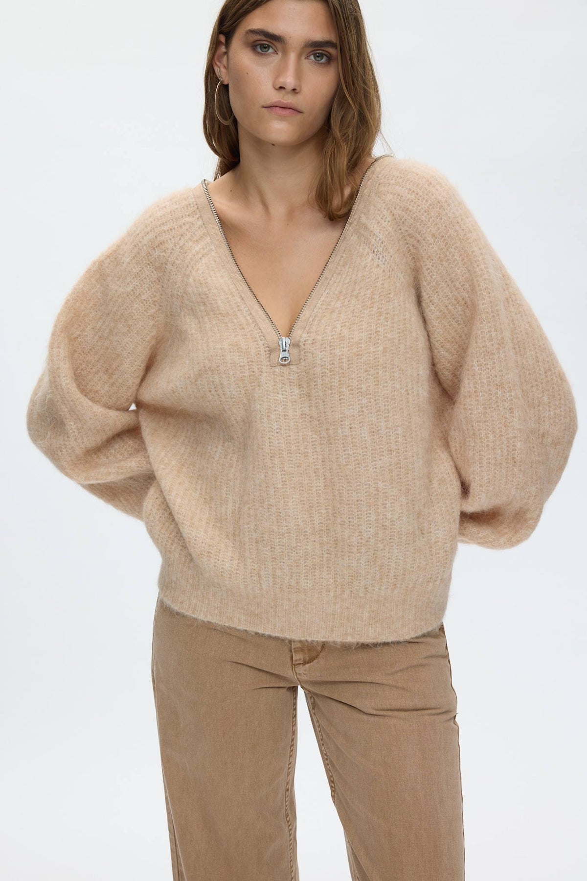 Maelle - Superlight knit zip opening sweater I Light camel Light camel XS 2 - Rabens Saloner