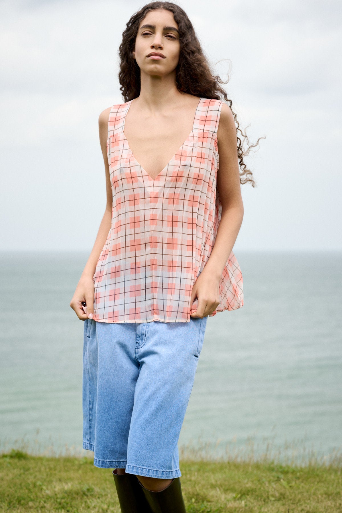 Sage - Transparent check top I Mandarin pleat 10 - Rabens Saloner