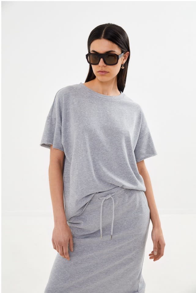 Margot - Light stretch cropped t-shirt I Workwear blue melange 3 - Rabens Saloner