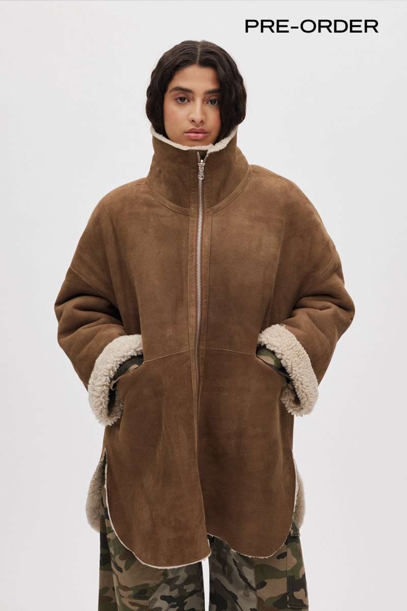 Ejsa - Shearling coat I Dark brown natural combo