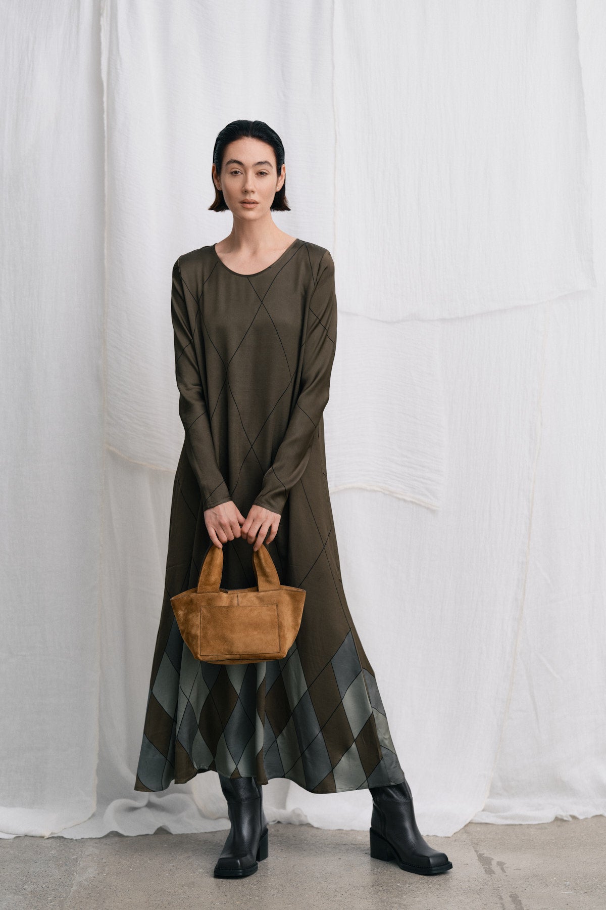 Miv - Diamond print flare dress I Olive combo 6 - Rabens Saloner