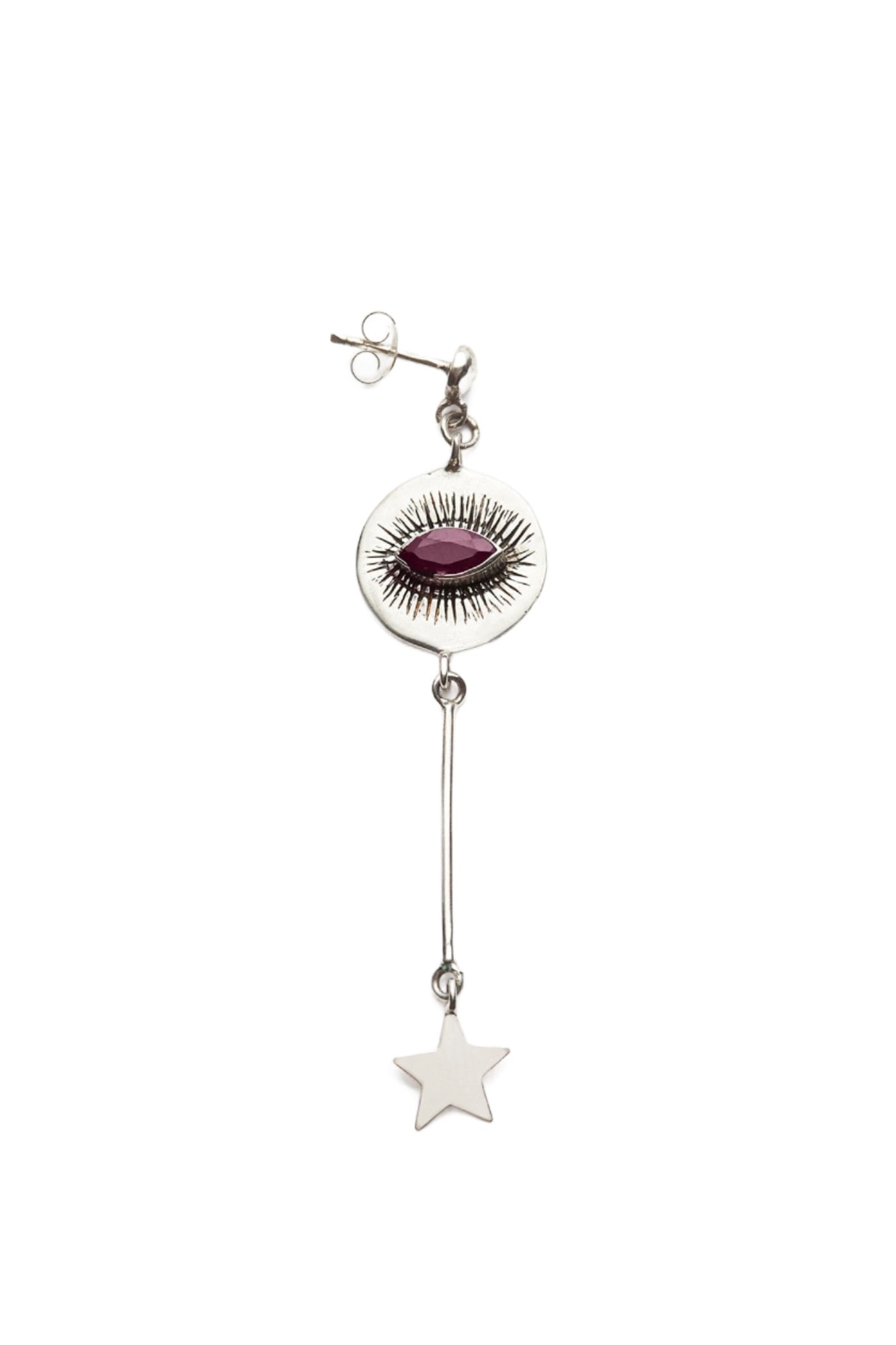 Nafsu - Long Silver eye earstick w/star pendant I Red Ruby Red Ruby 1 - Rabens Saloner