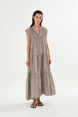 Lorita - Cotton tiered long dress I Pearl grey 1 - Rabens Saloner