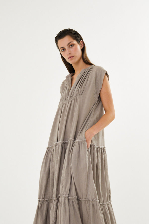 Lorita - Cotton tiered long dress I Pearl grey 4 - Rabens Saloner