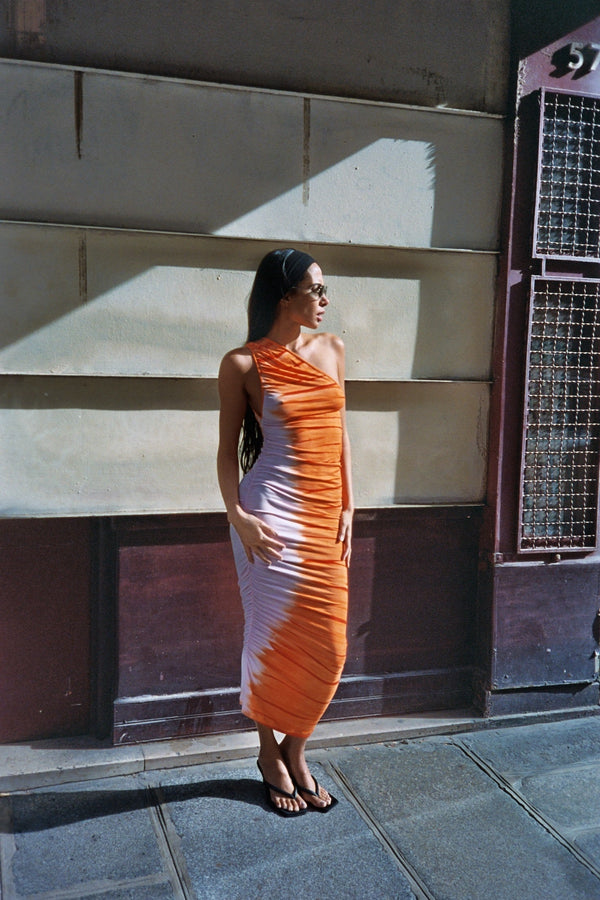 Lua - Tidal one shoulder dress I Orange combo