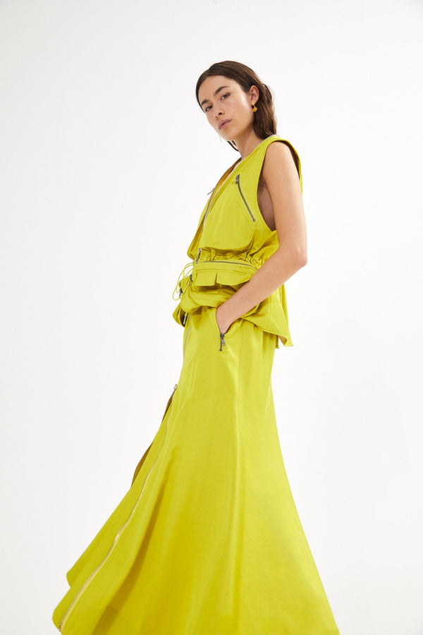 Parel - Techno drape flared skirt I Acid yellow 2 - Rabens Saloner