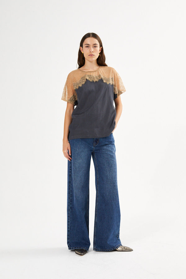 Buggi - Sheer lace t-shirt I Dark shadow combo 2 - Rabens Saloner