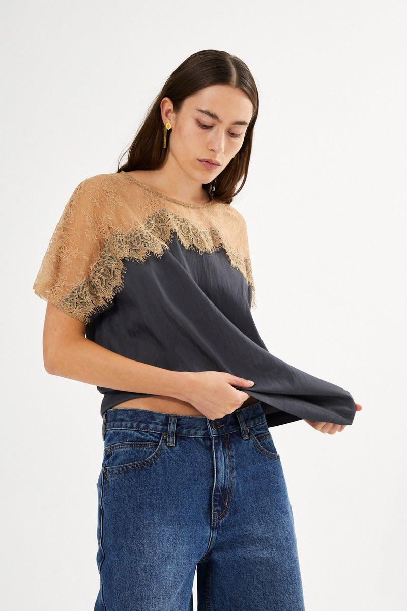 Buggi - Sheer lace t-shirt I Dark shadow combo 1 - Rabens Saloner