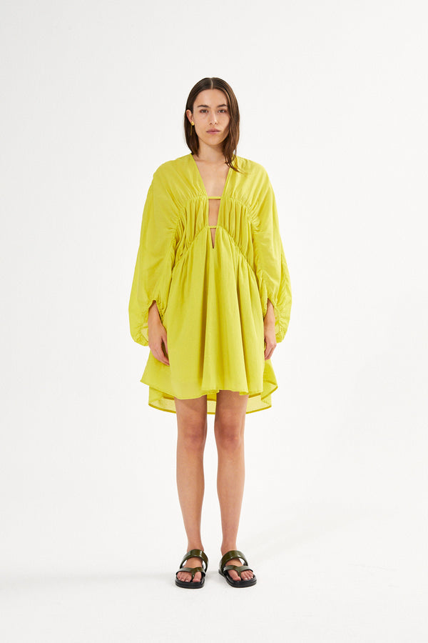 Corrina - Cotton voile deep V-neck dress I Acid yellow 1 - Rabens Saloner