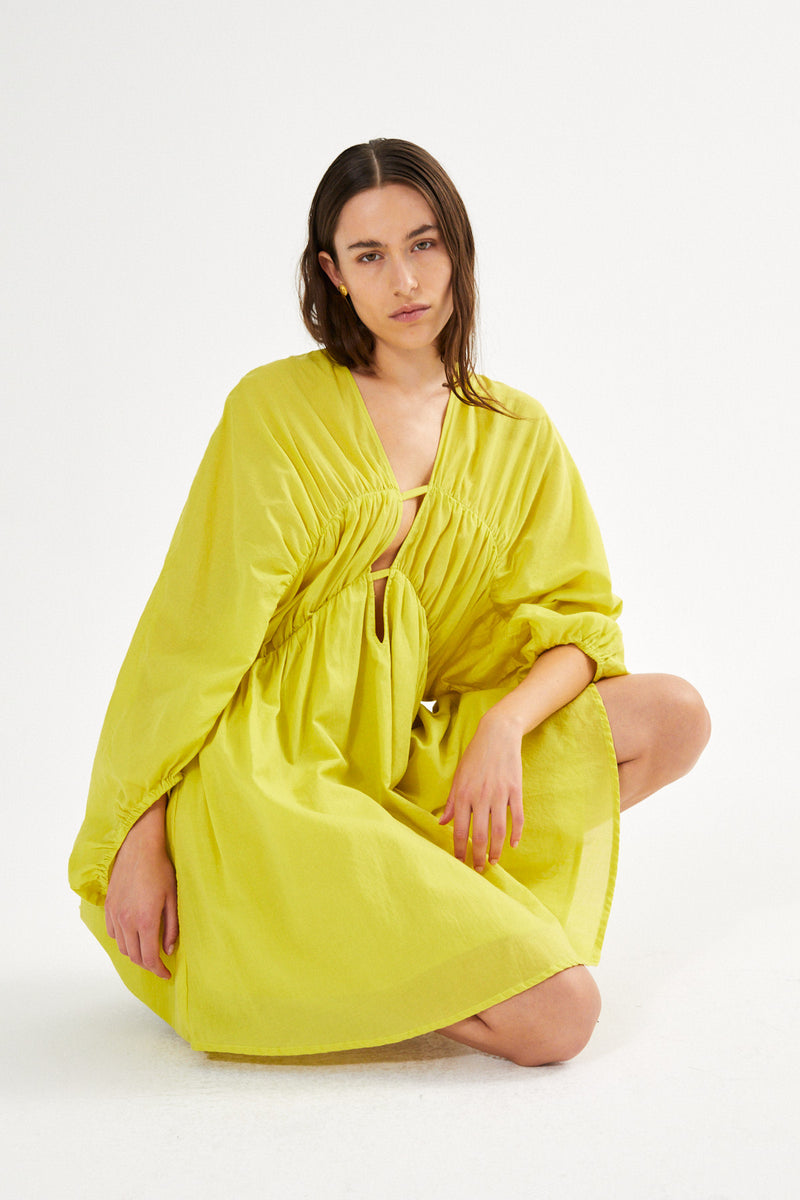 Corrina - Cotton voile deep V-neck dress I Acid yellow 2 - Rabens Saloner