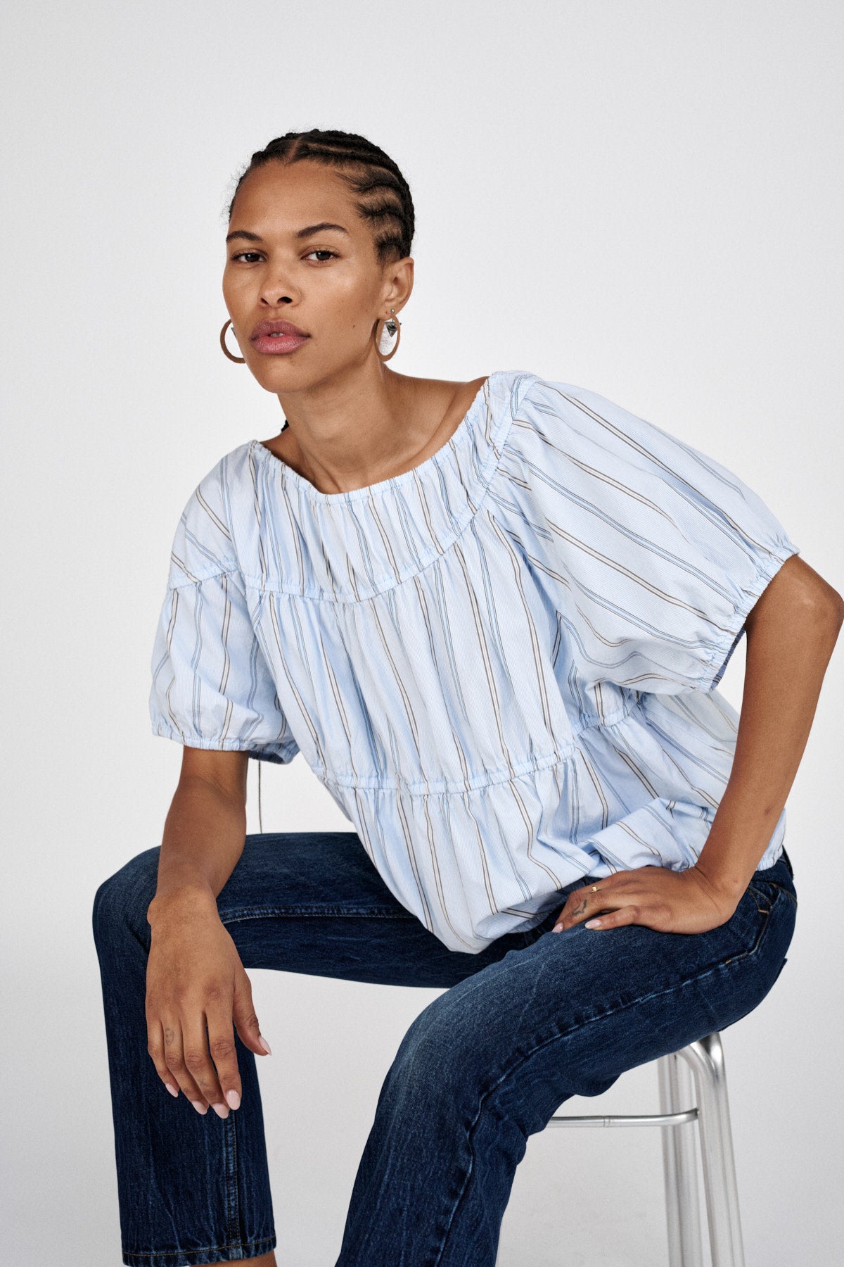 Lotte - Reverse stripe elasticated top I Blue pyjama stripe 1 - Rabens Saloner