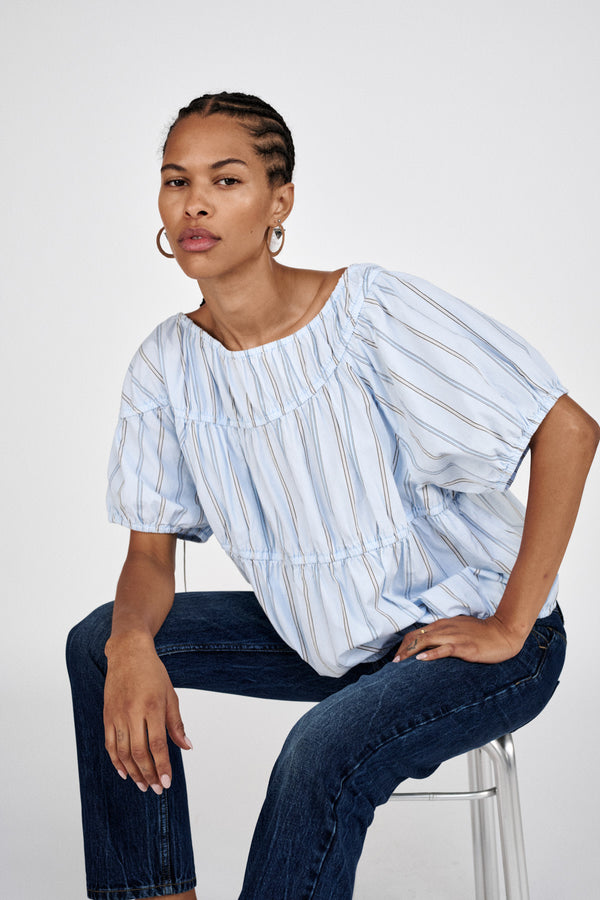 Lotte - Reverse stripe elasticated top I Blue pyjama stripe 1 - Rabens Saloner
