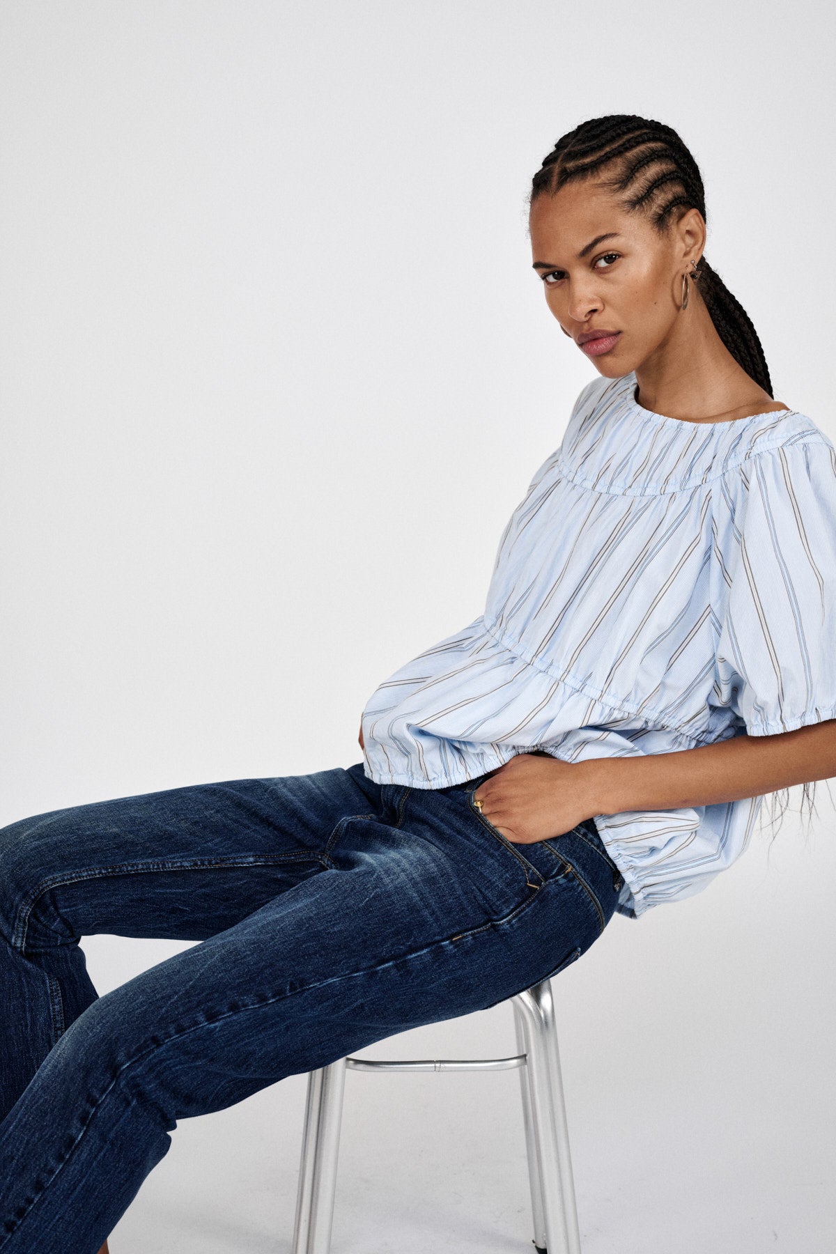Lotte - Reverse stripe elasticated top I Blue pyjama stripe 4 - Rabens Saloner