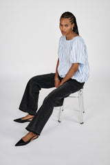 Lotte - Reverse stripe elasticated top I Blue pyjama stripe 3 - Rabens Saloner