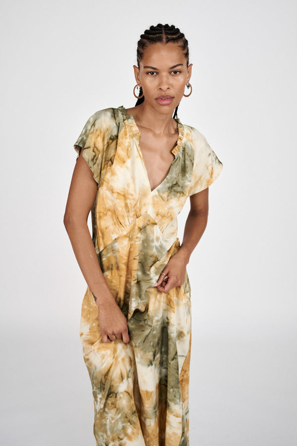 Rosie - Abstract frill neck dress I Forest combo 1 - Rabens Saloner