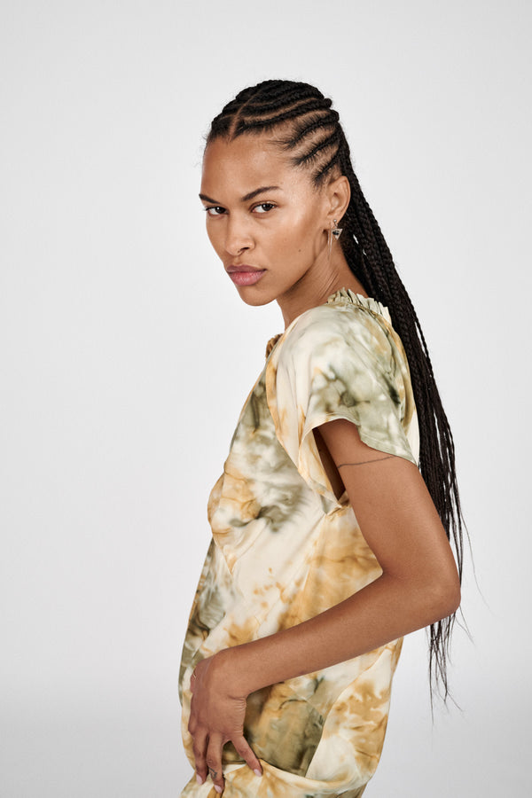 Rosie - Abstract frill neck dress I Forest combo 2 - Rabens Saloner