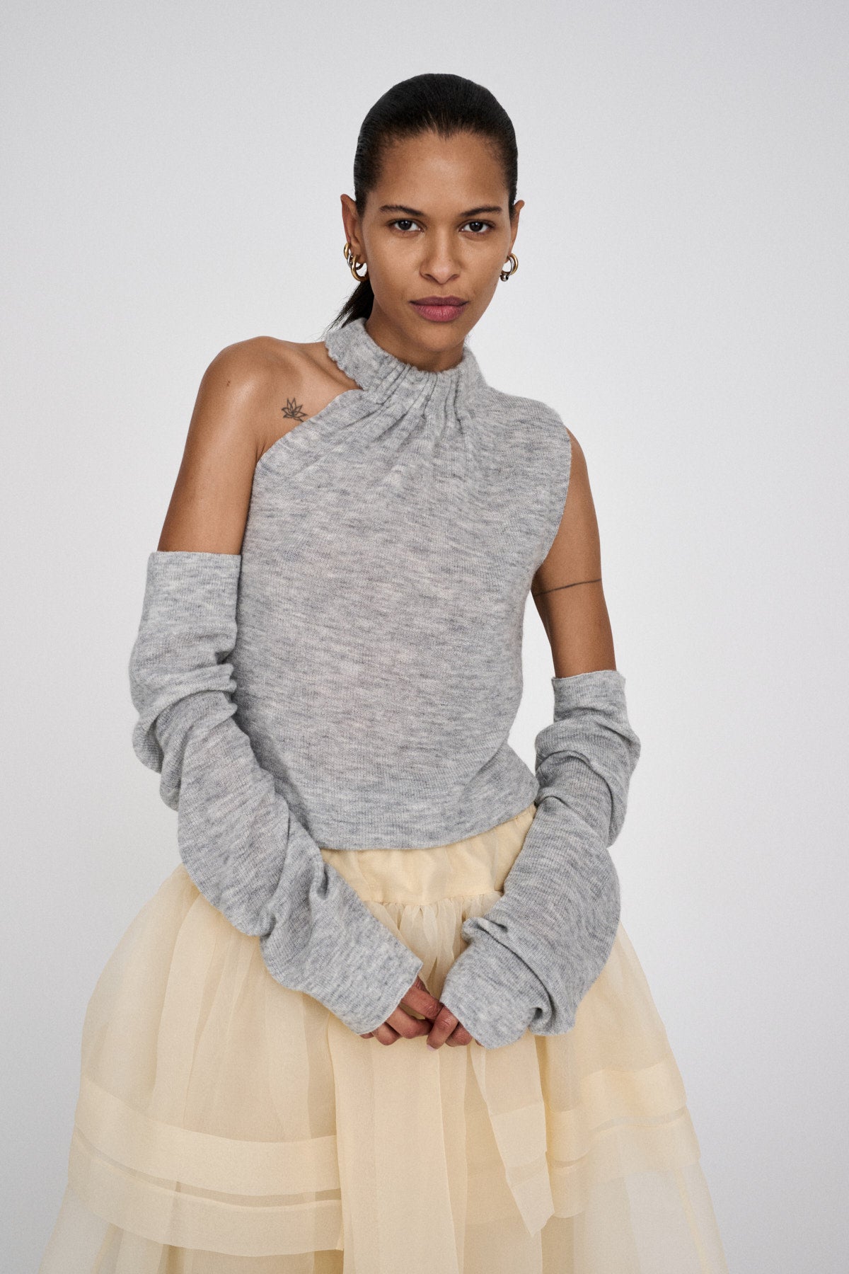 Celina - Waffled knit one shoulder top I Grey melange 1 - Rabens Saloner