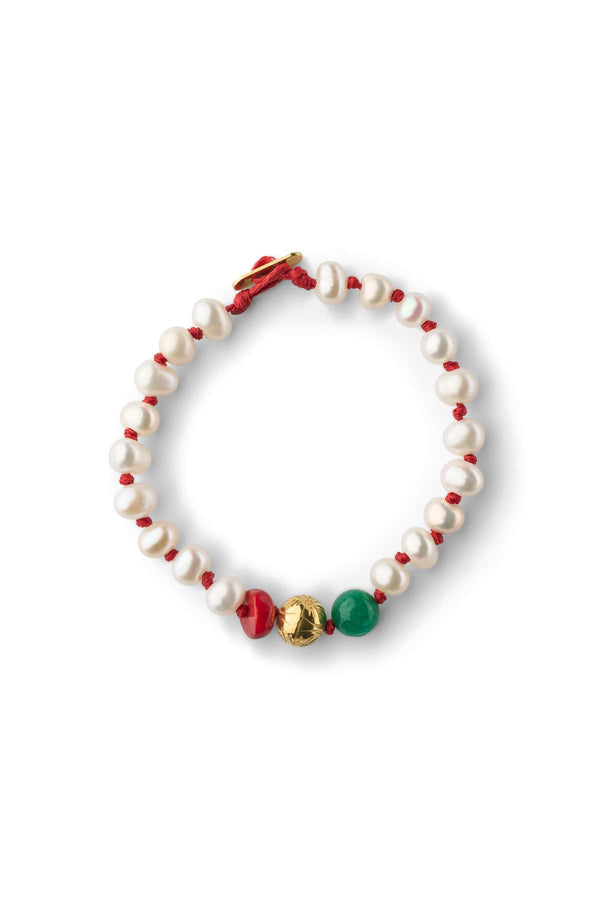 Pearl Bracelet With Beads - Nafsu I Gold Beads w/ Coral And Green Onyx 1 - Rabens Saloner